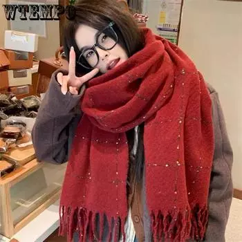 WTEMPO Women s Tassel Plaid Winter Long Warm Knitted Scarves Thickened Windproof Cold-proof Versatile Casual Scarves One Size чёрный