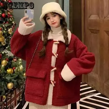 WTEMPO Women s Thick Warm Autumn Winter Christmas Red Coat Large Size Plush Jacket Turn-down Collar Streetwear Coat M красный