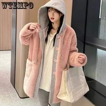 WTEMPO Women s Thickened Warm Autumn Winter Plush Hooded Coats Large Size Windproof Cold-proof Zipper Jackets S розовый