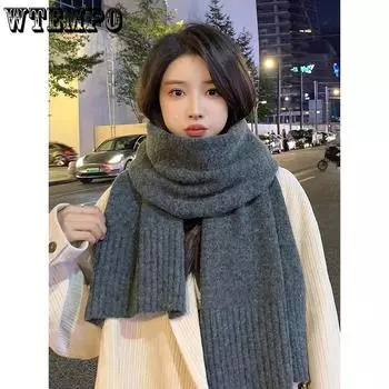 WTEMPO Women s Thickened Windproof Cold-proof Versatile Casual Scarves Solid Color Winter Long Warm Knitted Scarves One Size бежевый