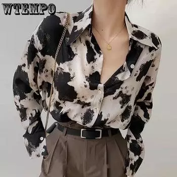 WTEMPO Women s Turn-down Collar Long Sleeve Retro Printed Chic Shirts Spring Autumn Loose Casual Versatile Buttons Bluoses S серый