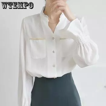 WTEMPO Women s Turn-down Collar Spring Autumn Long Sleeve Retro Chic Shirts Loose Casual Versatile Striped Bluoses with Buttons S белый