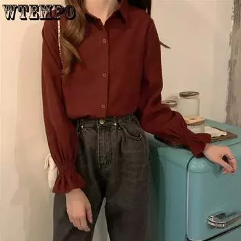 WTEMPO Women s White Red Long Sleeve Loose Shirts In Spring Autumn Women s Turn-down Collar Casual Versatile Bluoses with Buttons S белый