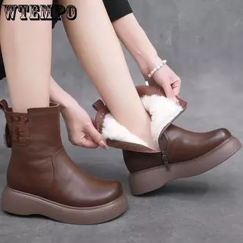 WTEMPO Women s Winter Large Size Plush Warm Snow Boots Casual Non-slip Windproof Cold-proof Faux Leather Boots 35 чёрный