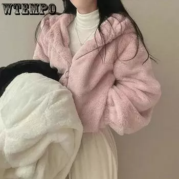 WTEMPO Женские однотонные толстые теплые пальто с капюшоном на молнии для осени и зимы, женские плюшевые куртки из овечьей шерсти большого размера S белый