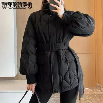 WTEMPO Женские толстые теплые пуховые пальто с поясом, однотонные уличные пальто с воротником-стойкой, осенне-зимние ветрозащитные куртки с защитой от трески, большого размера, с хлопковой подкладкой S чёрный