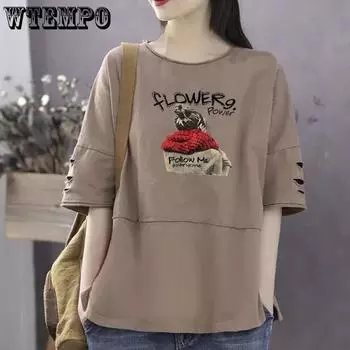 WTEMPO WTEMPO 100% хлопок лето осень футболки с коротким рукавом женские свободные повседневные большие размеры однотонные универсальные лоскутные принтованные рубашки M зелёный
