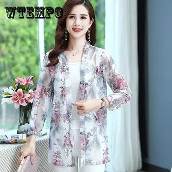 WTEMPO XL-5XL, женская весенне-летняя солнцезащитная одежда, тонкие пальто с девятиконечными рукавами, летние топы-кардиганы с шалью большого размера средней длины, топы с принтом XXXXXL