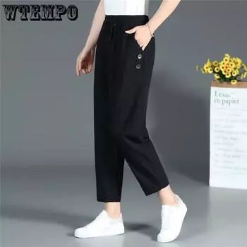 WTEMPO XL-XXXXL хлопковые льняные брюки женские весенние и летние свободные повседневные брюки с эластичной резинкой на талии XXXXL чёрный