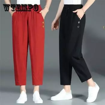 WTEMPO XL-XXXXL хлопковые льняные брюки женские весенние и летние свободные повседневные брюки с эластичной резинкой на талии XXXXL чёрный