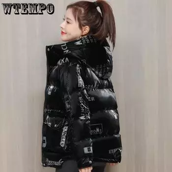 WTEMPO Яркие пуховики плюс флисовые утолщенные хлопковые куртки Зимние элегантные принтованные короткие хлопковые куртки Пальто на молнии S чёрный