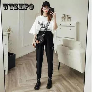 WTEMPO женщин Циппер Украшения Джоггерс Брюки Casyal Спорт Длинные sweatpants Loose Случайные брюки Baggy XXXL чёрный
