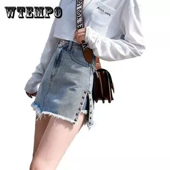 WTEMPO женщин джинсовой юбки Летняя высокая Waist A-line Кнопка Циппер Culottes Клуб Повседневная партия Улица Износ XXL