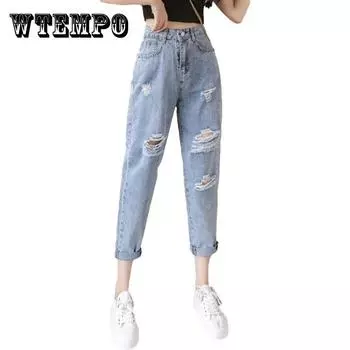 WTEMPO женщин Ripped Джинсы Loose и тонкий широкий ноги прямо джинсовые большие карманные брюки XL синий