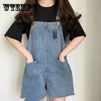 WTEMPO женщина Джинс Летний джинсовый jumpsuit Длинные брюки Ромпер Карманы Без рукавов Скорректированные комбинезоны Джинс Брюки XL синий