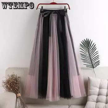 WTEMPO женская эластичная летняя дышащая женская юбка с высокой талией, элегантная одноцветная юбка, модная повседневная фатиновая юбка One Size светло-розовый