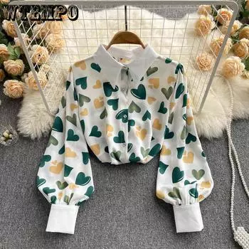 WTEMPO женская блузка с длинным рукавом-фонариком, рубашка на пуговицах с принтом, рабочие деловые топы с цветочным принтом, топы на выход, блузки S