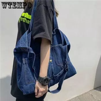 WTEMPO женская джинсовая холщовая сумка на одно плечо, женская сумка большой вместимости с карманами, винтажная универсальная сумка-тоут 48*10*35cm