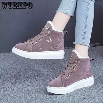 WTEMPO/женская хлопковая обувь с высоким берцем и шнуровкой большого размера, нескользящая повседневная теплая плюшевая обувь на толстом плоском каблуке 35 чёрный