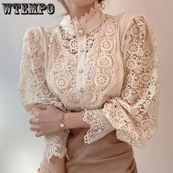 WTEMPO женская кружевная лоскутная ажурная рубашка с длинным рукавом и круглым вырезом, сетчатые топы, весенние элегантные однотонные блузки на пуговицах S белый