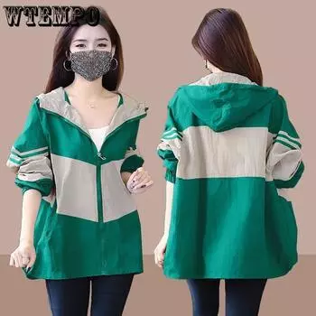 WTEMPO Женская куртка с капюшоном, ветровка с длинным рукавом, повседневные пальто, женская куртка, свободная верхняя одежда, куртки-бомберы M