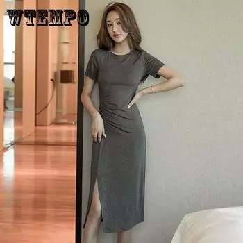 WTEMPO Женская летняя и корейская версия, простое элегантное облегающее платье средней длины с коротким рукавом XL серый