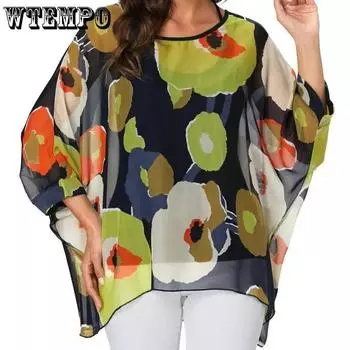 WTEMPO Женская летняя рубашка с цветочным принтом и рукавами «летучая мышь», топ, шифоновое пончо, повседневная свободная блузка One Size зелёный