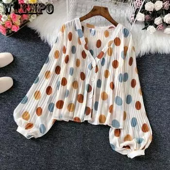 WTEMPO женская модная блузка с лацканами и принтом, повседневные рубашки на пуговицах с длинными рукавами-фонариками S