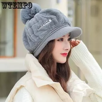 WTEMPO женская осенне-зимняя плюшевая теплая кепка с козырьком, симпатичная меховая шапочка из искусственного меха, устойчивая к холоду, толстая, с защитой от ушей, вязаная шапка One Size чёрный