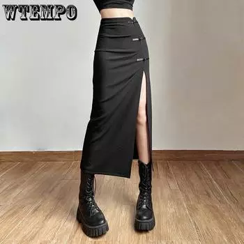 WTEMPO женская повседневная универсальная длинная черная юбка с разрезом по бокам, женские однотонные юбки с высокой талией, уличная одежда S чёрный