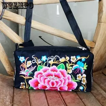 WTEMPO женская сумка через плечо большого размера в этническом стиле женская повседневная трехслойная сумка-мессенджер на молнии с вышивкой 24*10*12cm чёрный