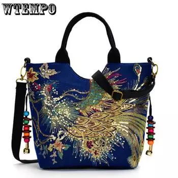 WTEMPO женская сумка-мессенджер с блестками в этническом стиле, парусиновая сумка с вышивкой павлина, большая вместительная сумка на молнии на плечо 33*12*27cm синий