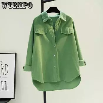 WTEMPO женская вельветовая рубашка, весенняя рубашка с двойным карманом, пальто, модный кардиган, женский топ S зелёный