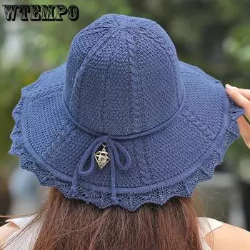 WTEMPO Женская весенне-летняя однотонная вязаная шляпа от солнца с широкими полями, дышащая, складная, пляжная, с бантом, солнцезащитная шляпа 1pc хаки