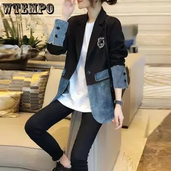 WTEMPO женская весенне-осенняя джинсовая лоскутная куртка зимняя с отложным воротником большой размер джинсовый кардиган пальто M чёрный