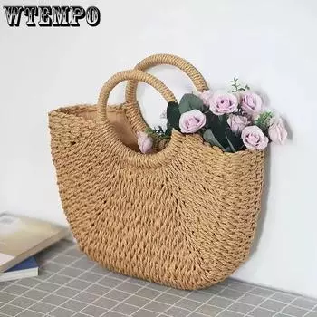 WTEMPO Женская винтажная соломенная сумка ручной работы, женская однотонная праздничная сумка, соломенная сумка из ротанга, пляжная сумка ручной работы 1pc белый