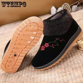 WTEMPO женская зимняя теплая тканевая обувь, хлопковые туфли большого размера с вышивкой, плюшевые нескользящие хлопковые ботинки с мягкой подошвой 40 чёрный