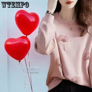 WTEMPO Женские элегантные однотонные свободные повседневные универсальные рубашки из чистого хлопка с длинным рукавом и круглым вырезом на весну и осень M розовый