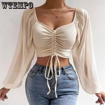 WTEMPO женские блузки с v-образным вырезом и открытыми плечами, летние бандажные топы с длинными рукавами и шнурком, женская корейская модная короткая одежда One Size абрикосовый