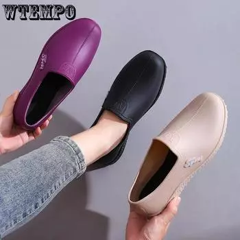 WTEMPO женские большие размеры однотонные повседневные короткие дождевые туфли из ПВХ водонепроницаемые нескользящие мягкие толстые рабочие туфли на плоском каблуке 36 чёрный