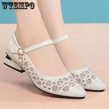 WTEMPO Женские босоножки на низком каблуке из мягкой кожи с сетчатым вырезом. Удобные и универсальные модные одинарные туфли со стразами и жемчужной пряжкой на мягкой подошве. 35 чёрный