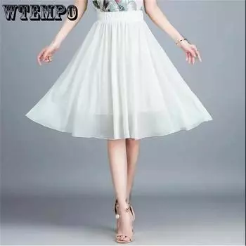 WTEMPO женские черные белые красные синие шифоновые юбки эластичная высокая талия плиссированная юбка А-силуэта One Size бежевый