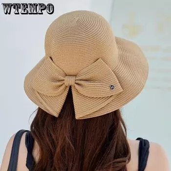 WTEMPO женские дышащие складные летние широкополые однотонные солнцезащитные шляпы для путешествий на открытом воздухе, пляжа, солнцезащитные шляпы с бантом 1pc хаки