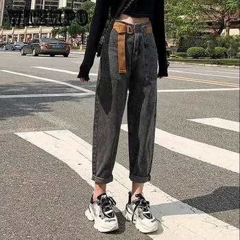 WTEMPO женские джинсы Loose и тонкий широкий ноги прямо джинсовые большие карманные брюки оснащены поясом XL