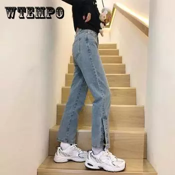 WTEMPO Женские джинсы Свободные и тонкие широкие ноги Прямая джинсовая ткань Большой карман Брюки Пуговица Сплит XL синий