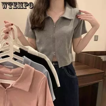 WTEMPO женские футболки с двойной молнией для девочек, летние однотонные рубашки с короткими рукавами и воротником-поло, повседневные тонкие укороченные топы, трикотаж M чёрный