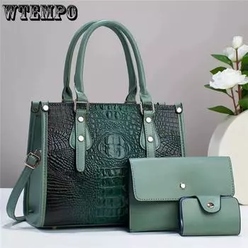 WTEMPO Женские комплекты сумок, однотонные сумки, комплект из трех предметов, большая вместимость, сумки на молнии, искусственная кожа с крокодиловым узором, повседневные универсальные сумки через плечо 13*21*27cm чёрный
