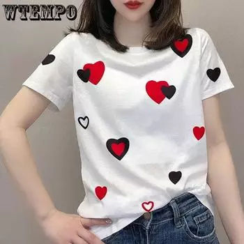 WTEMPO женские летние хлопковые футболки с короткими рукавами, женские повседневные универсальные топы с круглым вырезом и принтом Love M зелёный