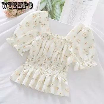 WTEMPO женские летние шифоновые рубашки с цветочным принтом женские повседневные желтые фиолетовые укороченные топы с квадратным воротником и короткими рукавами S жёлтый