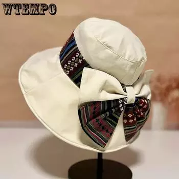 WTEMPO Женские летние шляпы от солнца в этническом стиле с широкими полями, складные, с защитой от ультрафиолета, модные, с принтом банта, повседневные, праздничные, пляжные шляпы с ветрозащитной веревкой 1pc чёрный